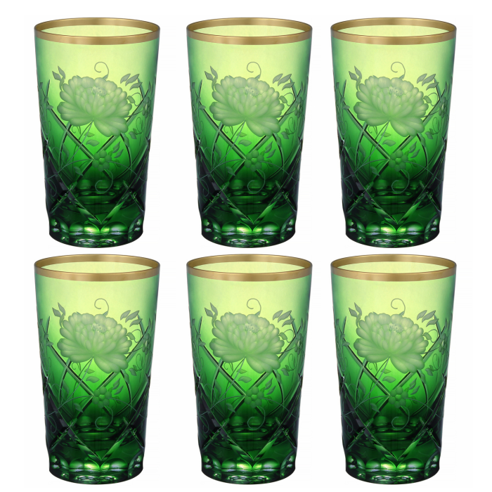 A set of Rose Gold Green crystal glasses for 6 people